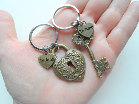 Bronze Key and Heart Lock Charm Keychain Set with Heart Tag Engraved "Te Amo" (I Love You) in Spanish, Couples Keychains