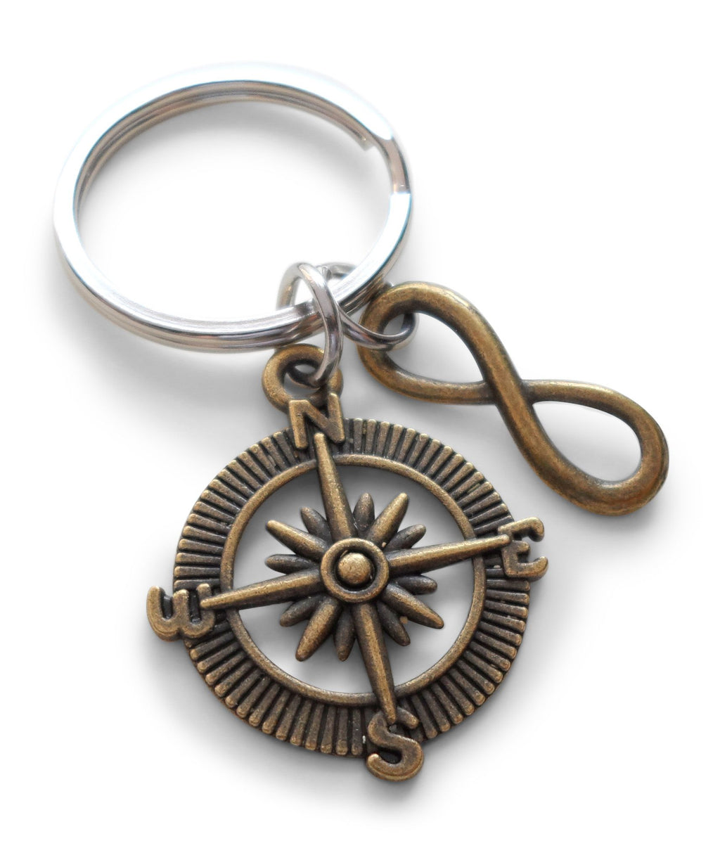 Bronze Compass Keychain with Infinity Charm - I'd Be Lost Without You; Couples Keychain