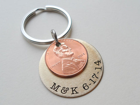 Custom Copper 2015 Penny Keychain With Engraved Brass Disc, 7 Year Anniversary Gift, Husband Wife Key Chain, Boyfriend Girlfriend Gift, Couples Keychain