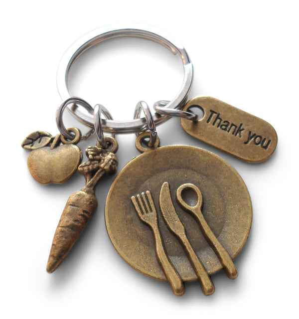 School Lunch Server Keychain, Bronze Plate, Carrot, Apple Charm Keychain, Thank You Appreciation Gift