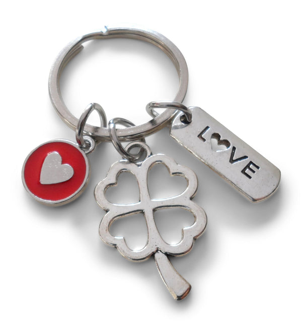 Clover Charm Keychain with Love Tag Charm and Red Circle Charm with a Heart Shape - Lucky to Have You, Couples Keychain