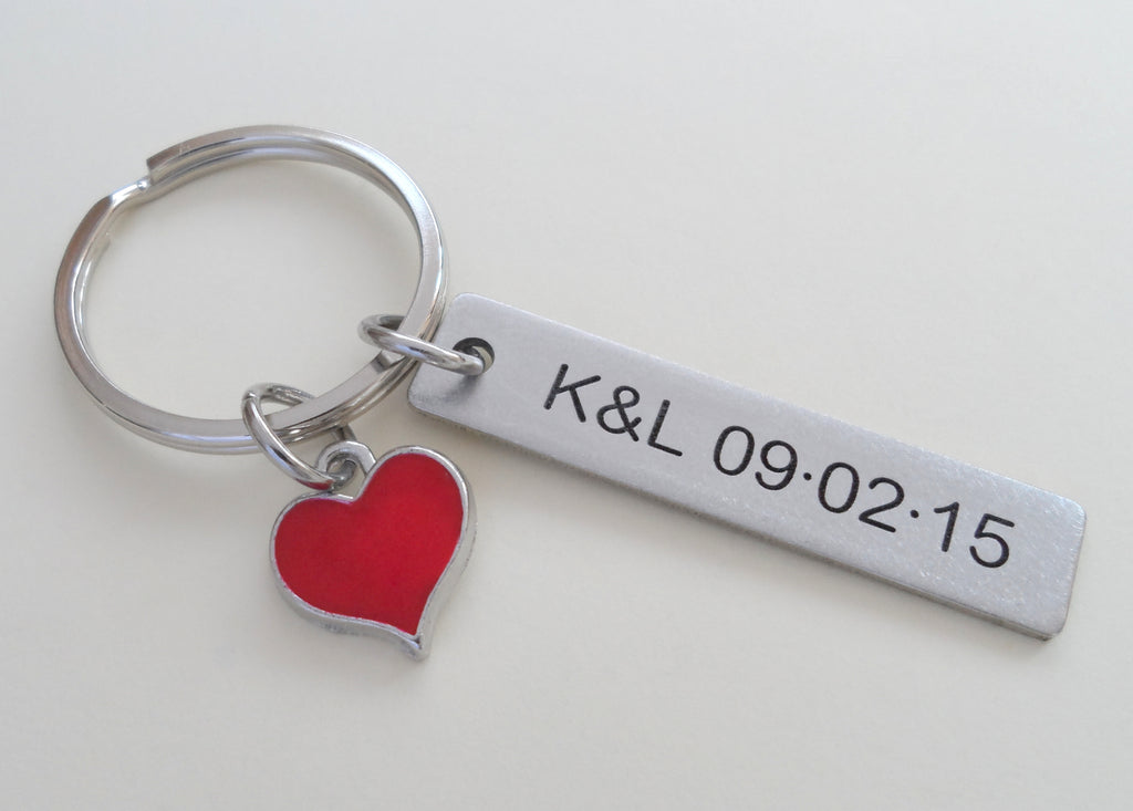 Red Heart Charm Keychain and Steel Tag Custom Engraved, Couples Keychain Gift