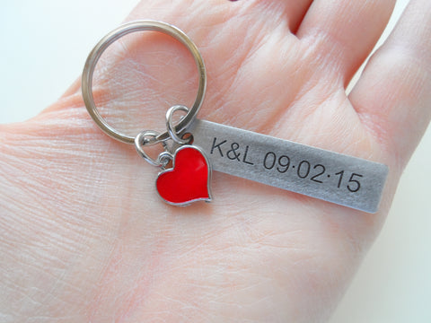 Red Heart Charm Keychain and Steel Tag Custom Engraved, Couples Keychain Gift