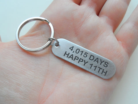 Stainless Steel Tag Keychain Engraved with "4,015 Days Happy 11th"; 11 Year Anniversary Couples Keychain