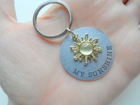 Custom Golden Sun Charm Keychain with Engraved Aluminum Disc, Couples Anniversary Keychain or Best Friend Keychain
