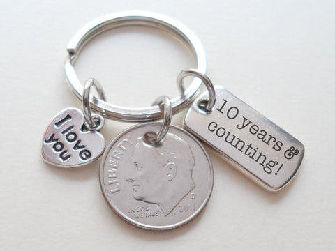 Custom Dime Keychain with I Love You Heart Charm and Engraved Tag, Year Anniversary Gift, Husband Wife Key Chain, Boyfriend Girlfriend Gift, Customized Couples Keychain