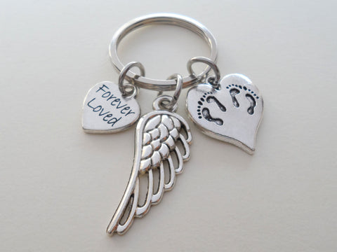 Twins Baby Feet Charm & Wing Charm Keychain with a Forever Loved Heart Charm, Twin Babies Loss Memorial Keychain