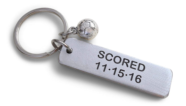 Anniversary Gift • Personalized Soccer "Scored" Engraved Aluminum Tag Keychain w/ Anniversary Date - With Backside Options