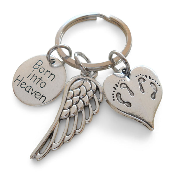 Born Into Heaven Twin Babies Memorial Keychain, Twins Feet Heart Charm & Wing Charm
