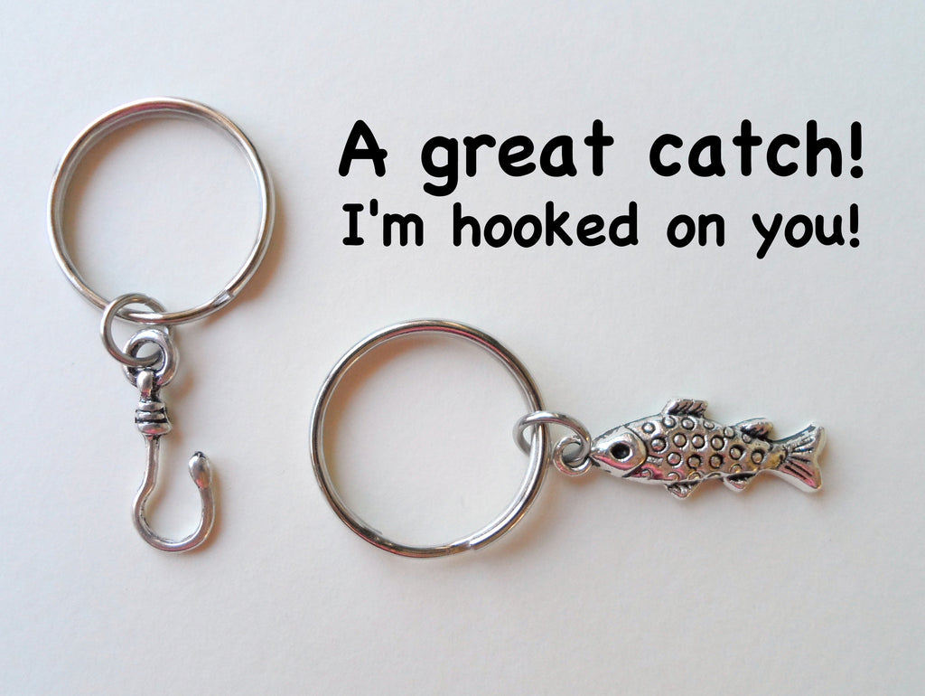 Spotted Fish and Hook Keychain Set - A Great Catch, I'm Hooked on You; Couples Keychain Set