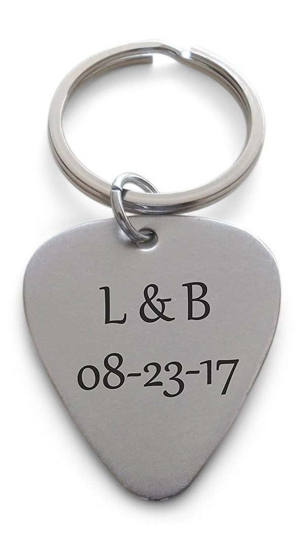 Custom Engraved Stainless Steel Guitar Pick Keychain; Anniversary Gift, Couples Keychain