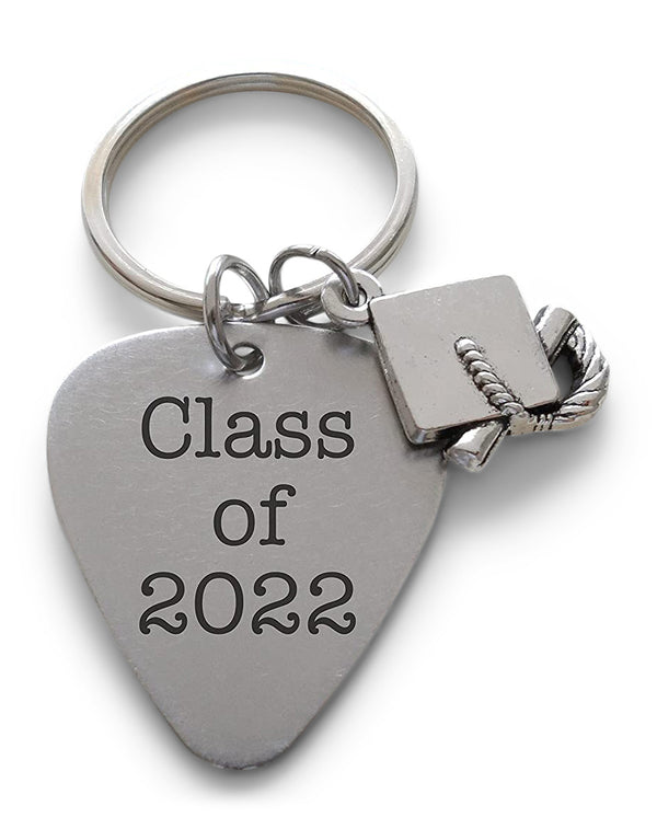 Graduate Guitar Pick Keychain, Stainless Steel Guitar Pick Keychain; Class of 2024 Engraved Keychain with Cap Charm, Graduation Gift