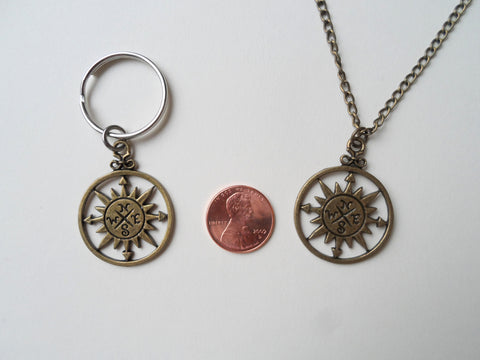 Bronze Sun Compass Neckace and Keychain Set
