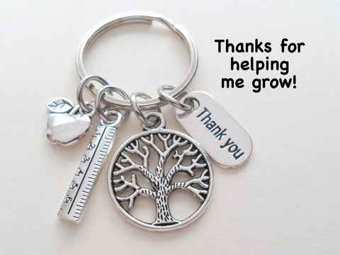 Small Tree Keychain Appreciation Gift, With Ruler, Apple & Thank You Charm - Thanks for Helping Me Grow