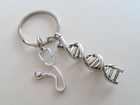 DNA Molecule Double Helix & Stethoscope Charm Keychain, Medical Geneticists Keychain, Science Keychain