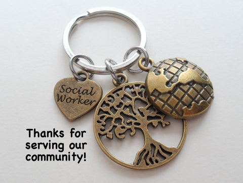 Social Worker Gift Keychain with Bronze Tree and World Charm, Community Advocate Gift, Thank you Gift
