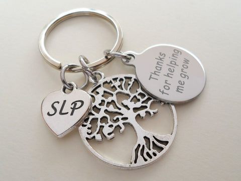 Speech Therapist Keychain, Speech Language Pathologist Keychain with Tree, SLP Heart, and Thanks For Helping Me Grow Disc Charm, Appreciation Gift