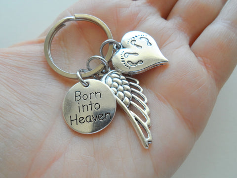 Born Into Heaven Twin Babies Memorial Keychain, Twins Feet Heart Charm & Wing Charm