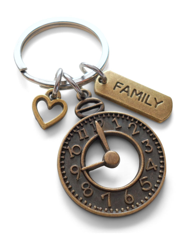 Bronze Clock Charm Keychain with Family Tag & Heart Charm, Family Reunion Keychain, Time is Precious