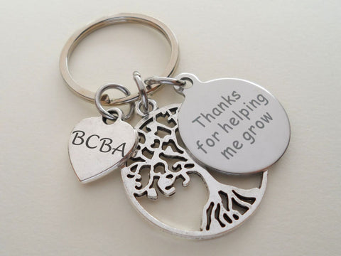 Board Certified Behavior Analyst Keychain, Keychain with Tree, BCBA Heart, and Thanks For Helping Me Grow Disc Charm, Appreciation Gift