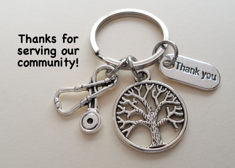 Medical Professional Charm Keychain, Nurse Appreciation Keychain With Small Tree & Stethoscope Charm with Thank You Charm