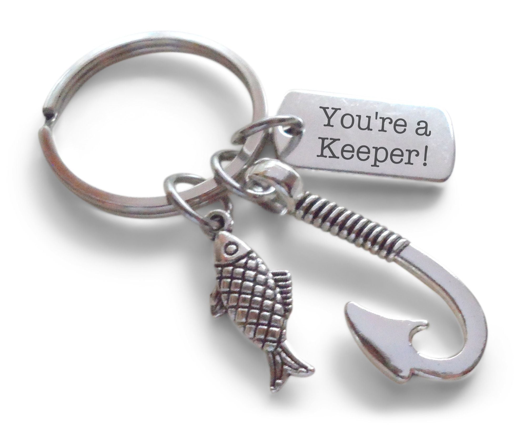 engraved fish hook Fish Hook & Fish Charm Keychain with Engraved Tag for Couples or Best Friends, Anniversary Gift Keychain