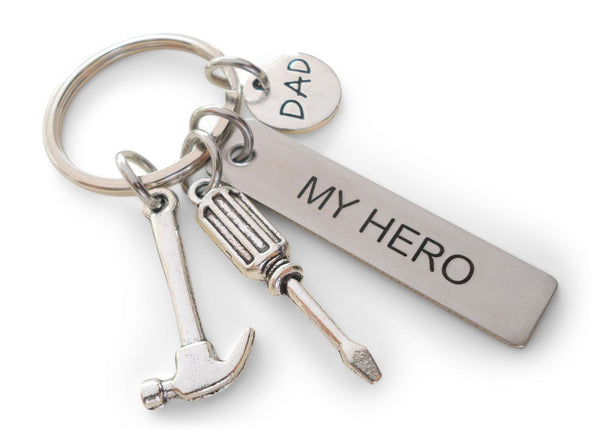 Dad My Hero Engraved Tag Keychain with Hammer and Screwdriver Tool Charms, Fathers Tools Charm Keychain