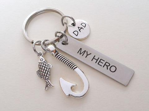 Dad My Hero Engraved Tag Keychain with Fish and Hook Charms, Fathers Fishing Charm Keychain