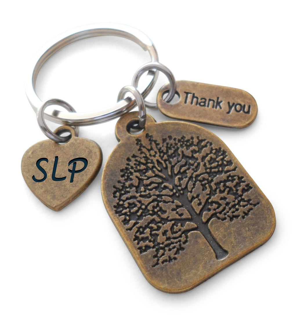 Bronze Speech Therapist Keychain, Speech Language Pathologist Keychain with Tree, SLP Heart, and Thank You Charm, Appreciation Gift