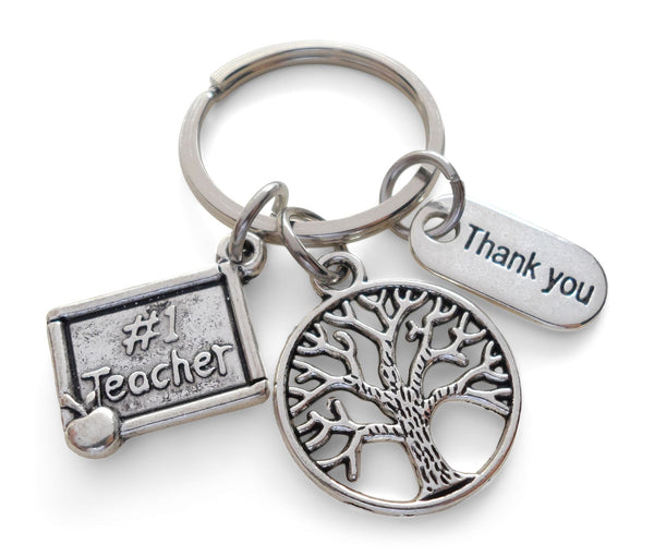 No. 1 Teacher Sign & Small Tree Keychain Appreciation Gift with Thank You Charm - Thanks for Helping Me Grow