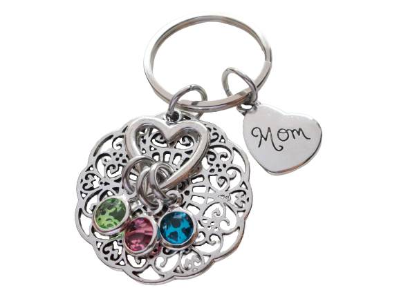 Custom Family Birthstone Keychain with Heart Charm, Gift for Mom or Gift for Grandma