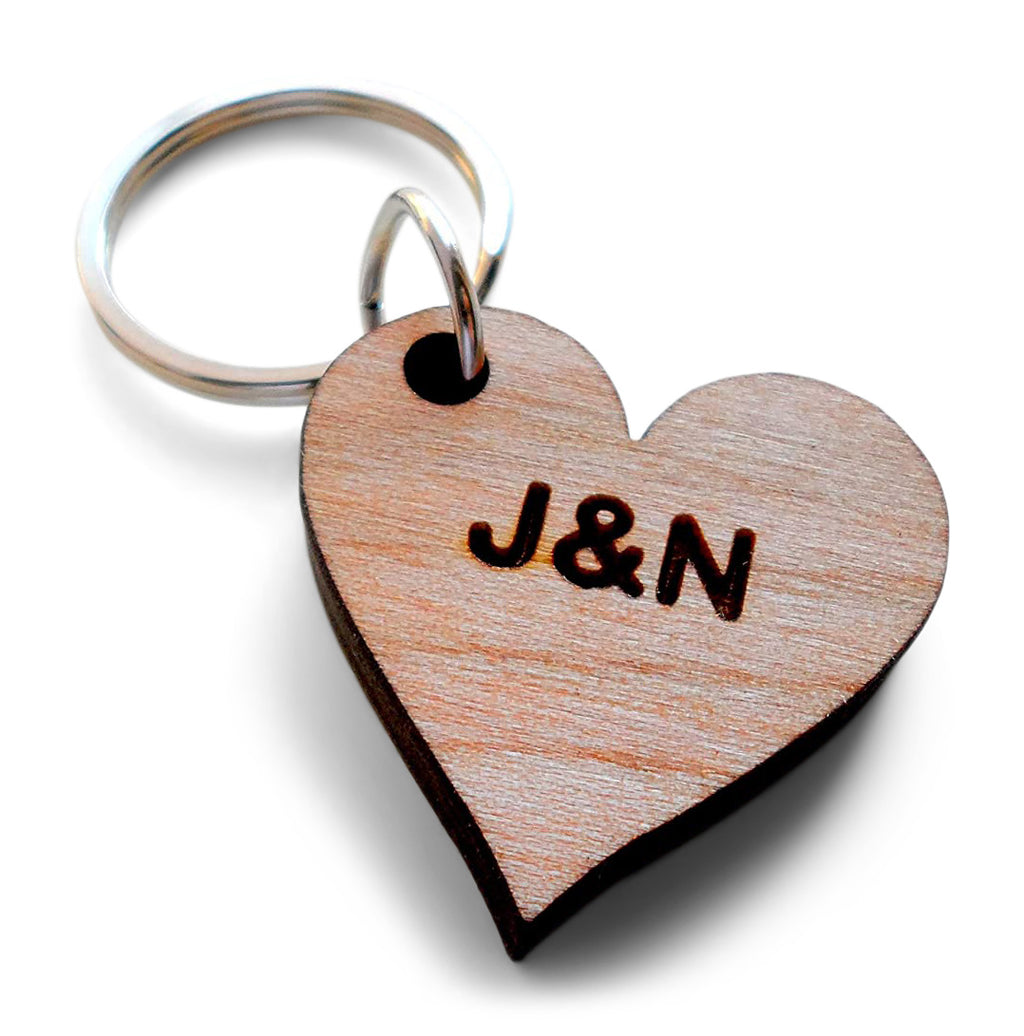 Personalized Wood Heart Keychain Custom Engraved; 5 Year Anniversary Couples Keychain