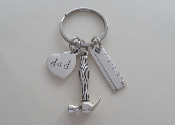 Dad Charm, Ruler Charm, Wood Pattern Hammer Charm Keychain - My Dad Can Fix Anything; Fathers Gift Keychain