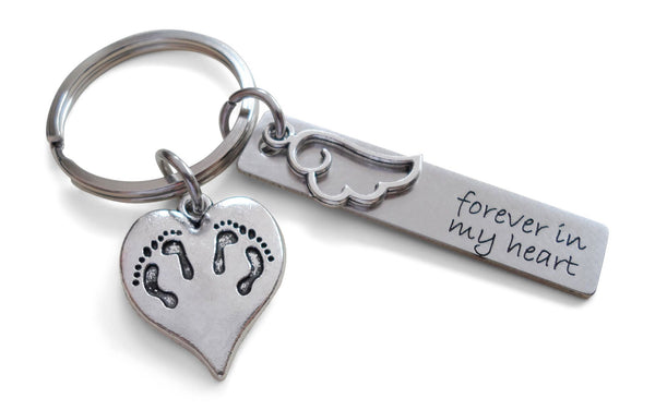 Forever In My Heart Engraved Rectangle Twin Babies Memorial Keychain, Twins Feet Heart Charm & Wing Charm