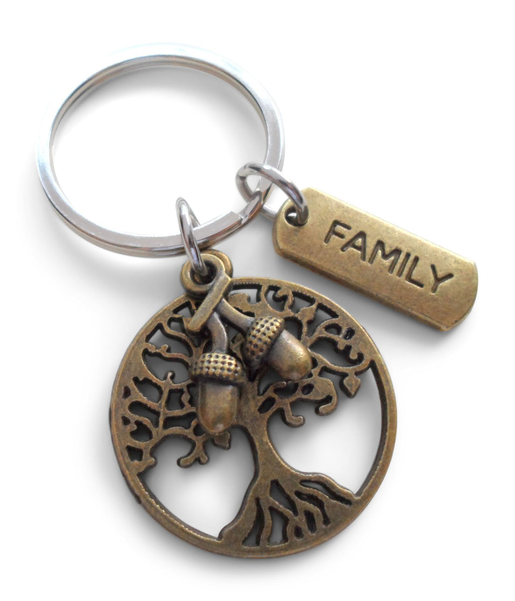 Bronze Family Tree Charm Keychain with Acorn Seeds Charm, Family Reunion Gift -Our Roots Remain as One