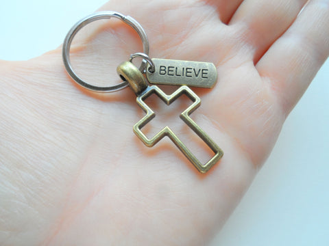 Custom Bronze Cross Charm Keychain with Believe Tag Charm, Personalized with Letter Charm, Religious Christian Keychain