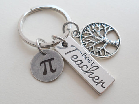 Math Teacher Keychain; Tree, Best Teacher & Pi Disc Charm Keychain