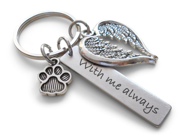 "With Me Always" Engraved Tag Keychain with Paw & Wings Charm, Pet Memorial Keychain