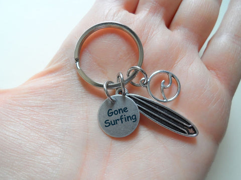 Engraved Gone Surfing Tag and Surfboard & Wave Charm Keychain for Surfer, Couples or Best Friends, Anniversary Gift Keychain