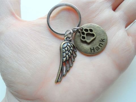 Custom Bronze Paw & Wing Charm Keychain with Engraved Disc, Pet Loss Gift, Dog Memorial Keychain