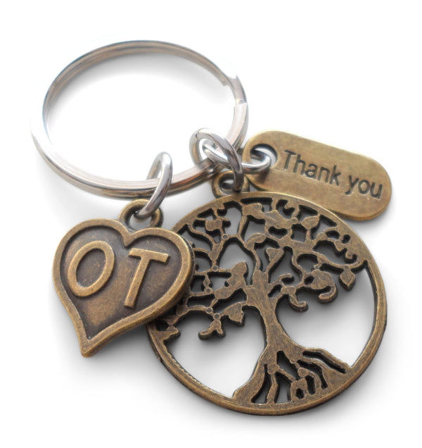 Occupational Therapist Keychain with Bronze Tree, OT Heart, and Thank You Charm, OT Appreciation Gift