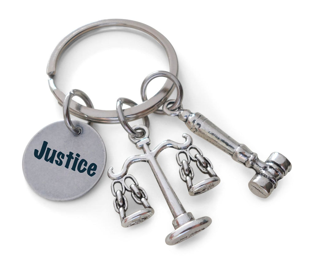 Lawyer or Paralegal Charm Keychain with Engraved Justice Tag, Scales of Law & Gavel Charm KeyChain